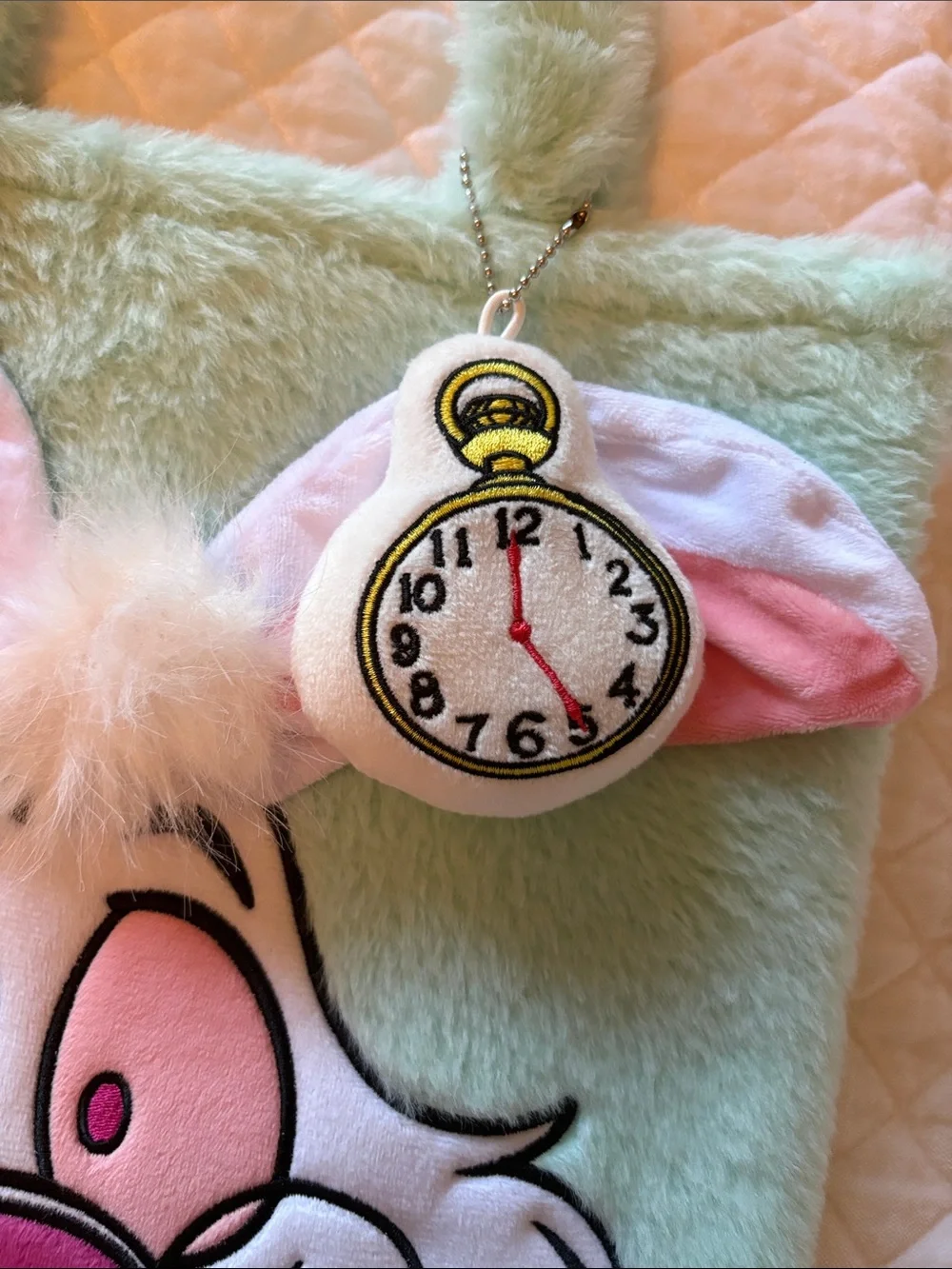 Disney Alice in Wonderland White Rabbit Faux Fur Tote Bag Plush Clock Charm NWOT